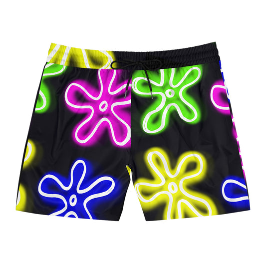 front view of black swimming trunks with black string and neon flower pattern