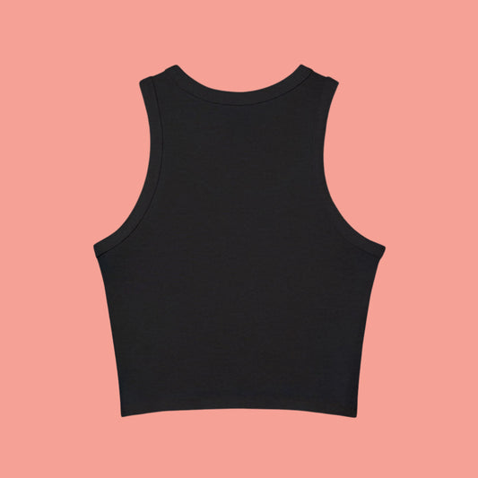 back of a black racer tank with vertical ribbed pattern on a salmon colored background. designed by the creative jellyfishparty.
