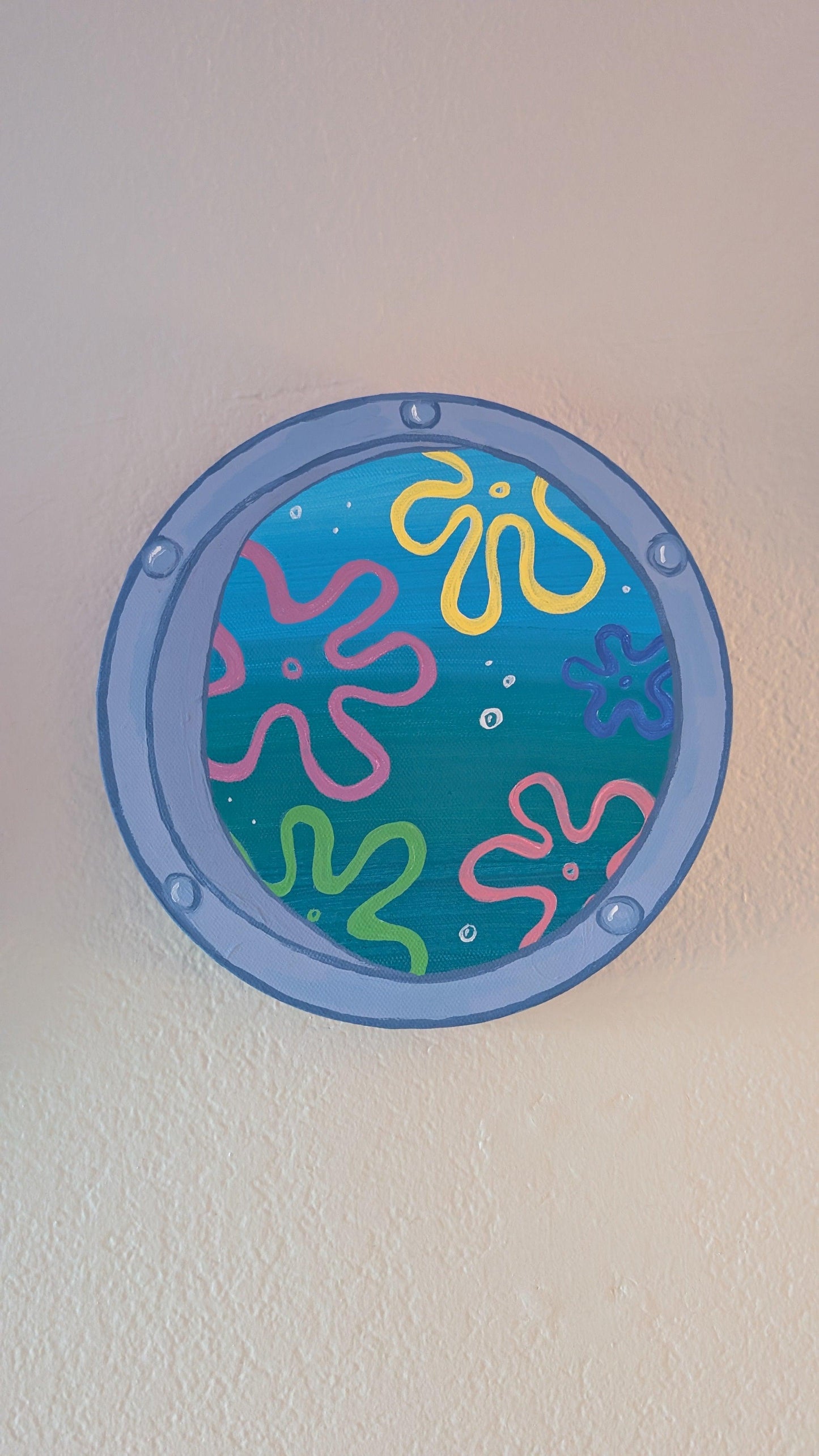 captivating window art piece with underwater ocean view - hand-painted in acrylic - JellyfishParty