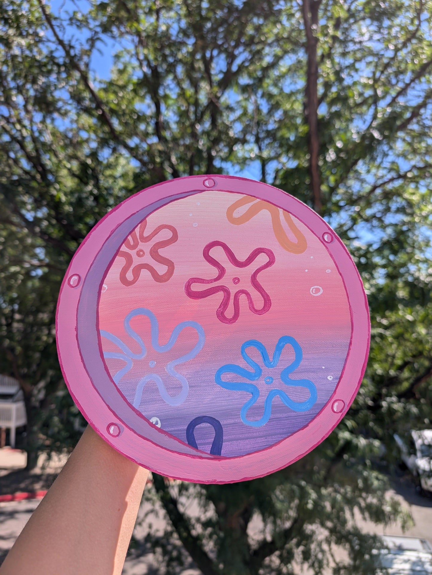 captivating window art piece with underwater ocean view - hand-painted in acrylic - JellyfishParty