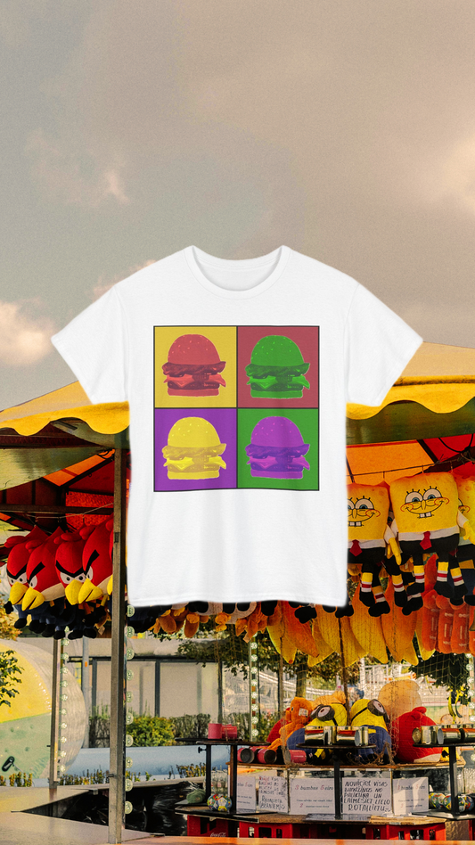 white shirt with square burger pop art design