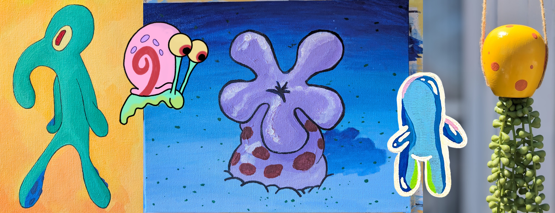 banner for the website JellyfishParty which contains paintings of abstract squidward, gary the snail, a purple coral flower at night, bubble buddy and a yellow jellyfish succelent all created by the artist JellyfishParty