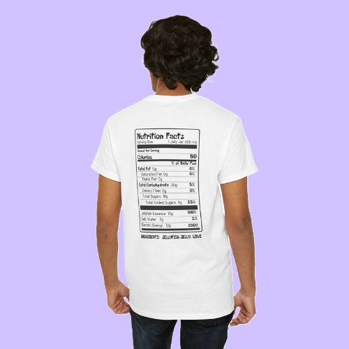 back of a white t-shirt with a full back nutrition label design