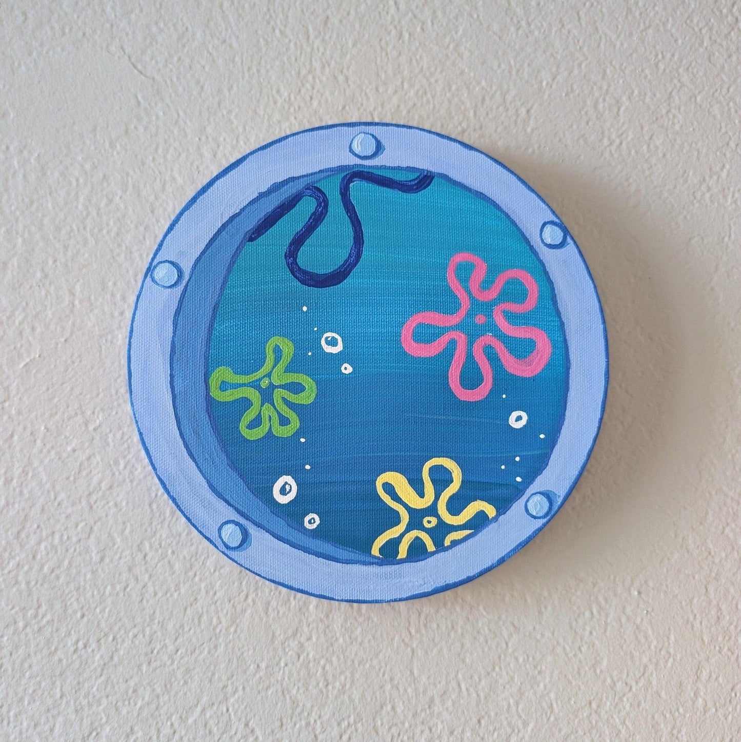 captivating window art piece with underwater ocean view - hand-painted in acrylic - JellyfishParty