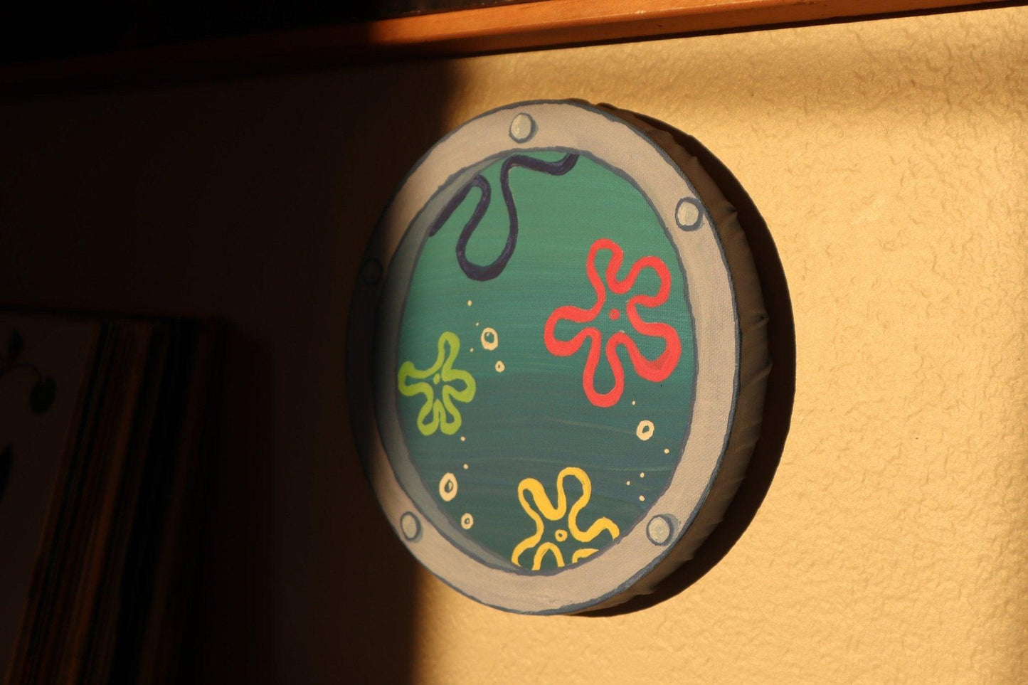 captivating window art piece with underwater ocean view - hand-painted in acrylic - JellyfishParty