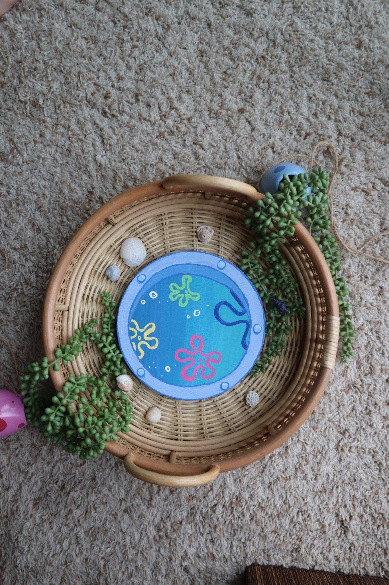 captivating window art piece with underwater ocean view - hand-painted in acrylic - JellyfishParty