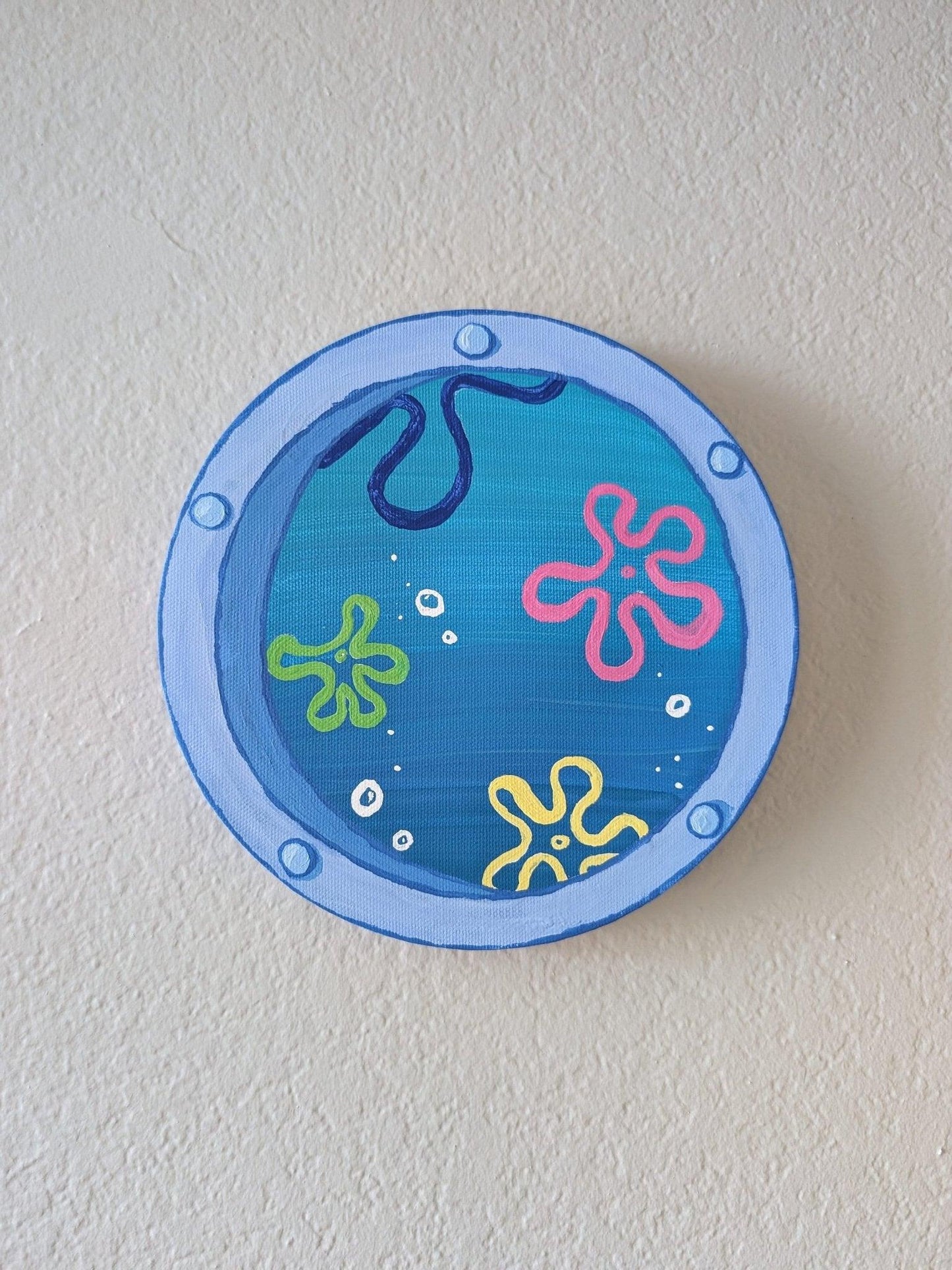 captivating window art piece with underwater ocean view - hand-painted in acrylic - JellyfishParty
