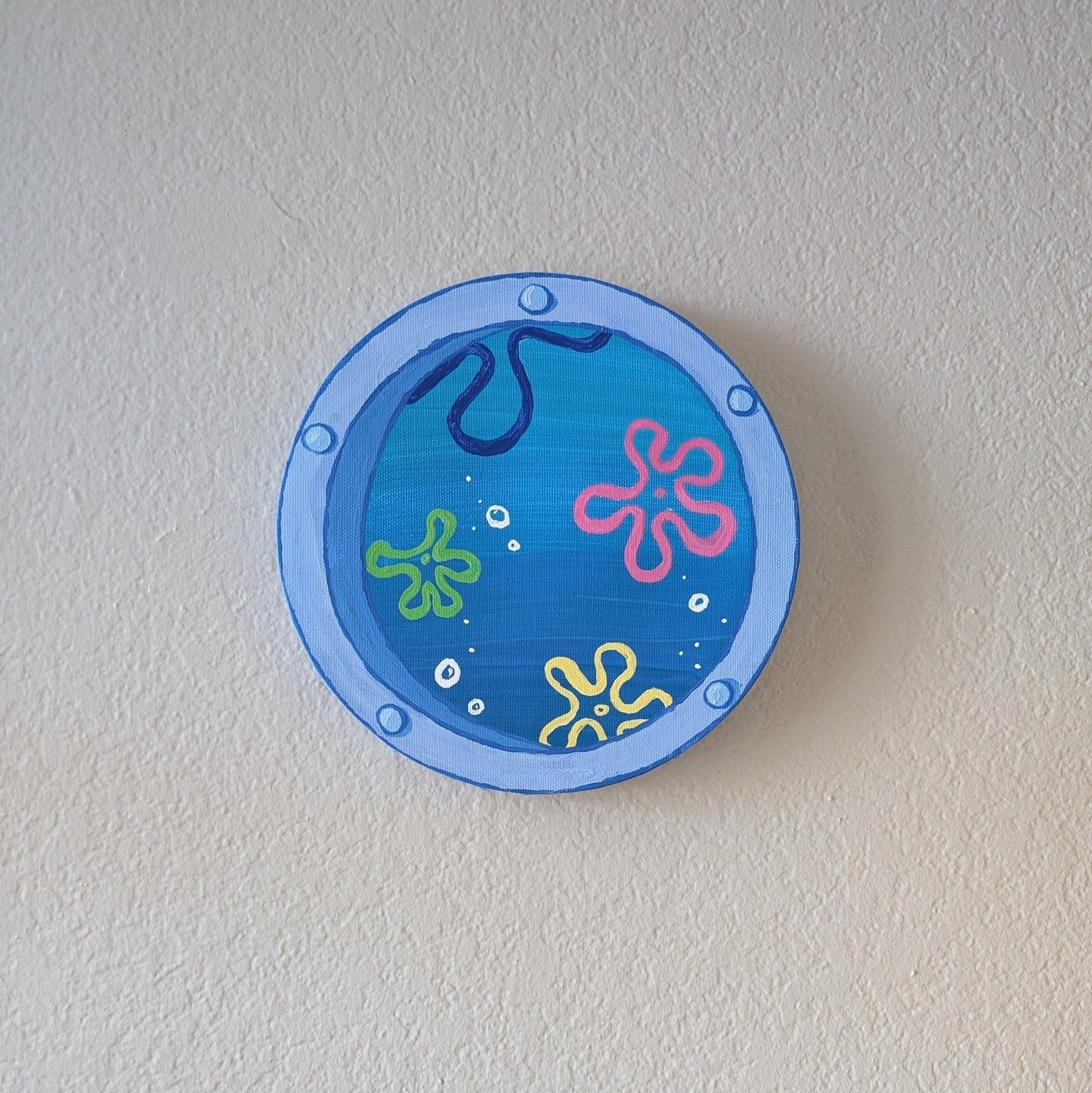 captivating window art piece with underwater ocean view - hand-painted in acrylic - JellyfishParty