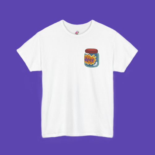 white t-shirt with jelly jar logo on the pocket space in front of a grape purple background