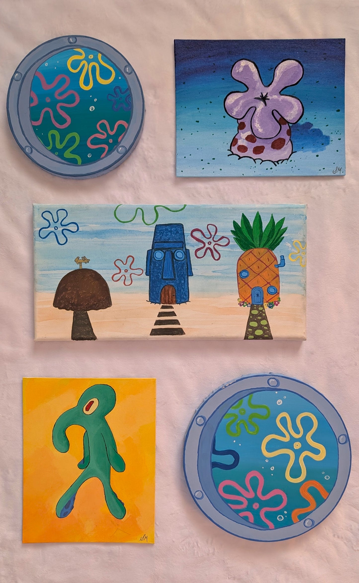 five different acrylic paintings created by the artist JellyfishParty