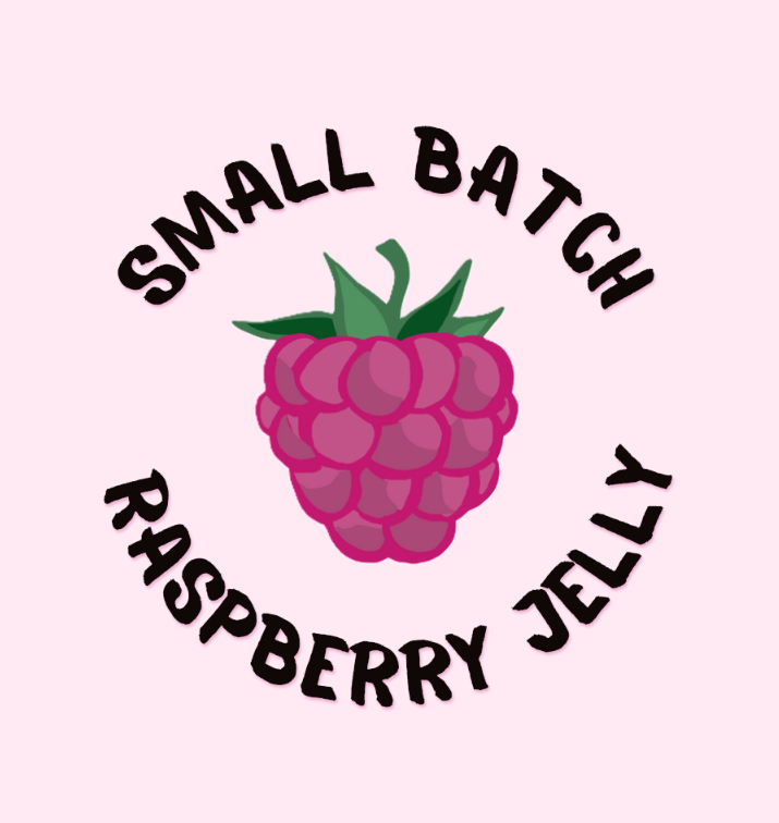 Pink label for NEEDMOREJELLY small batch raspberry jelly with a digitally drawn raspberry