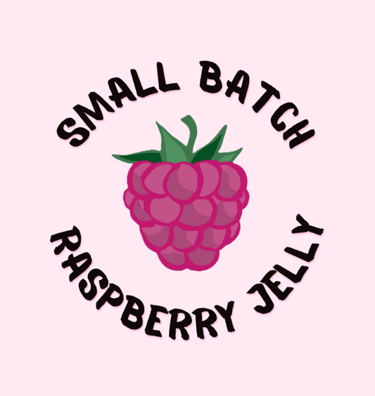 Pink label for NEEDMOREJELLY small batch raspberry jelly with a digitally drawn raspberry