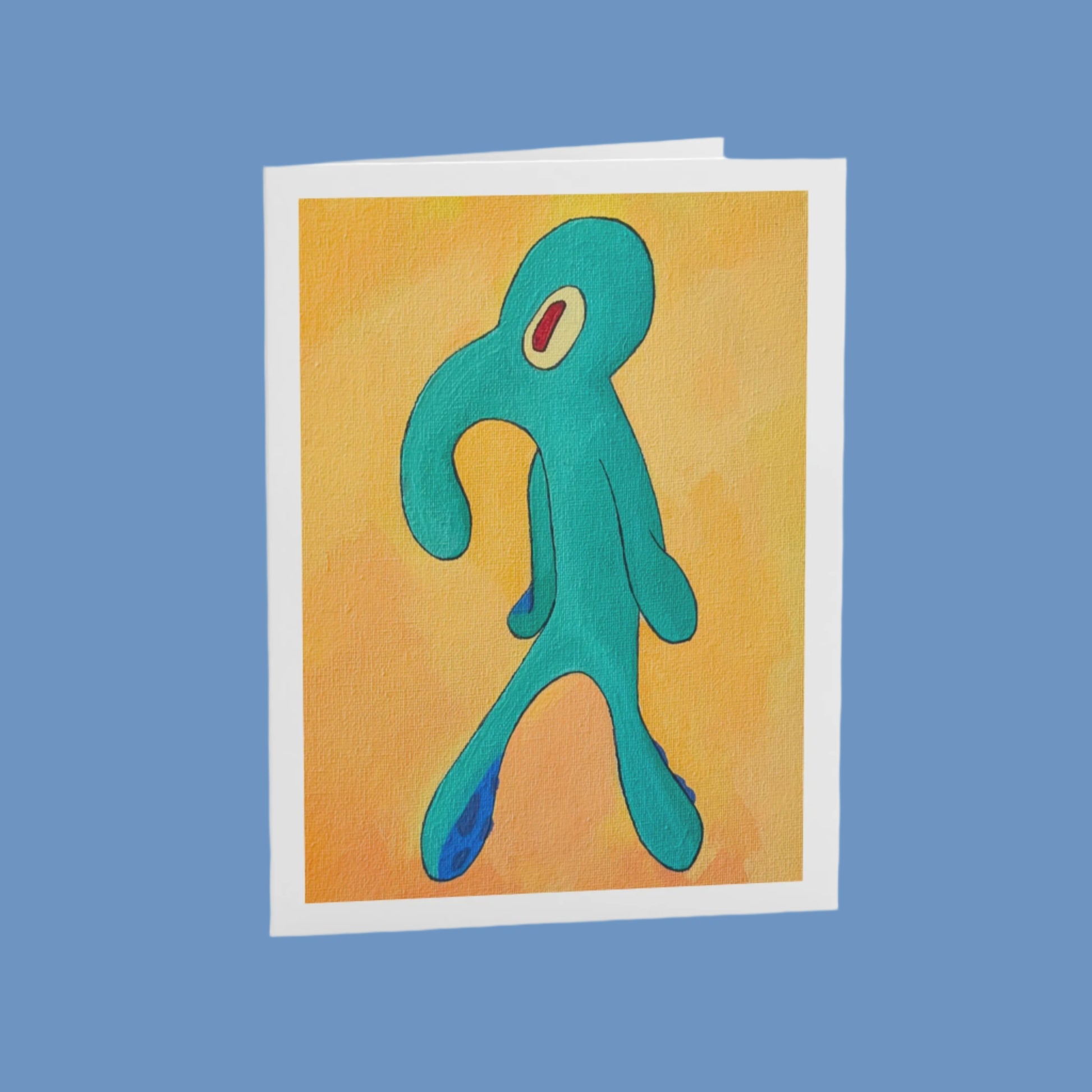 upright image of an abstract squid painting greeting card in front of a steel blue background