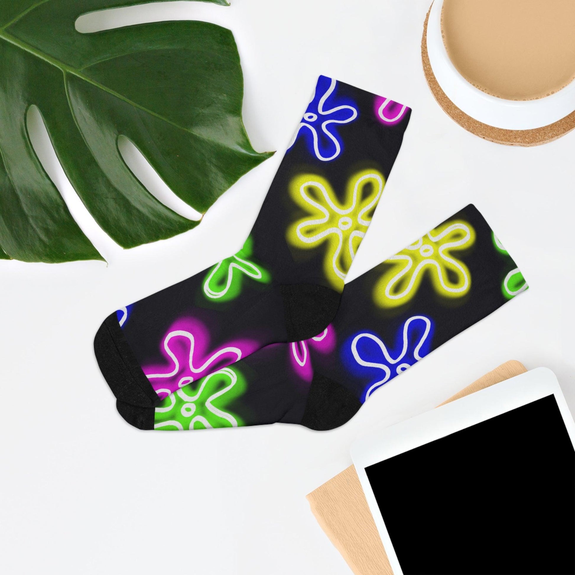 eco-friendly crew socks - neon abstract flower pattern - JellyfishParty