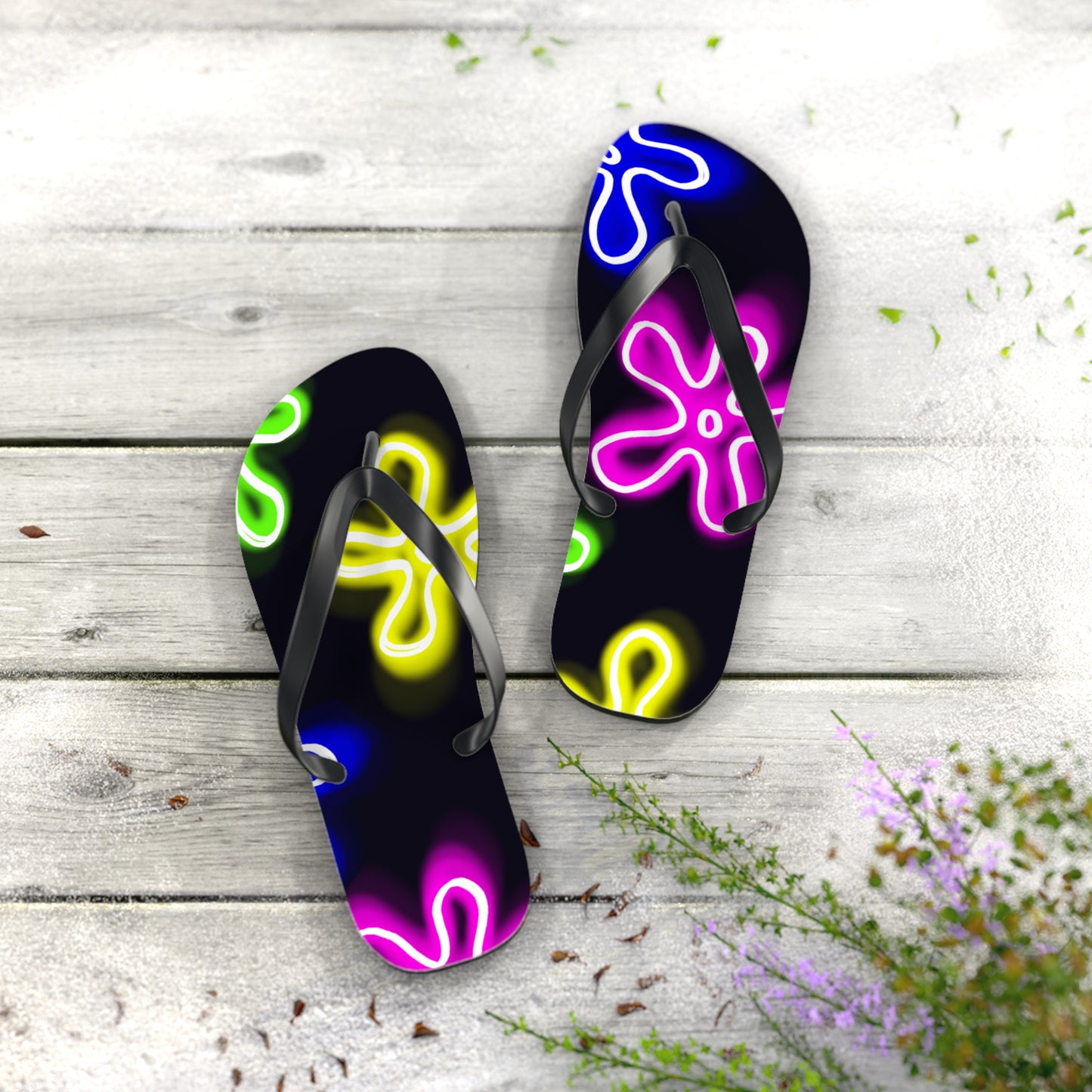 neon flower clouds flip flops
