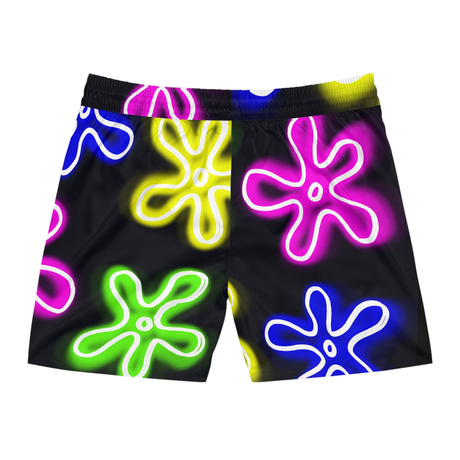 back view of black swimming trunks with pink, yellow, green and blue neon flowers