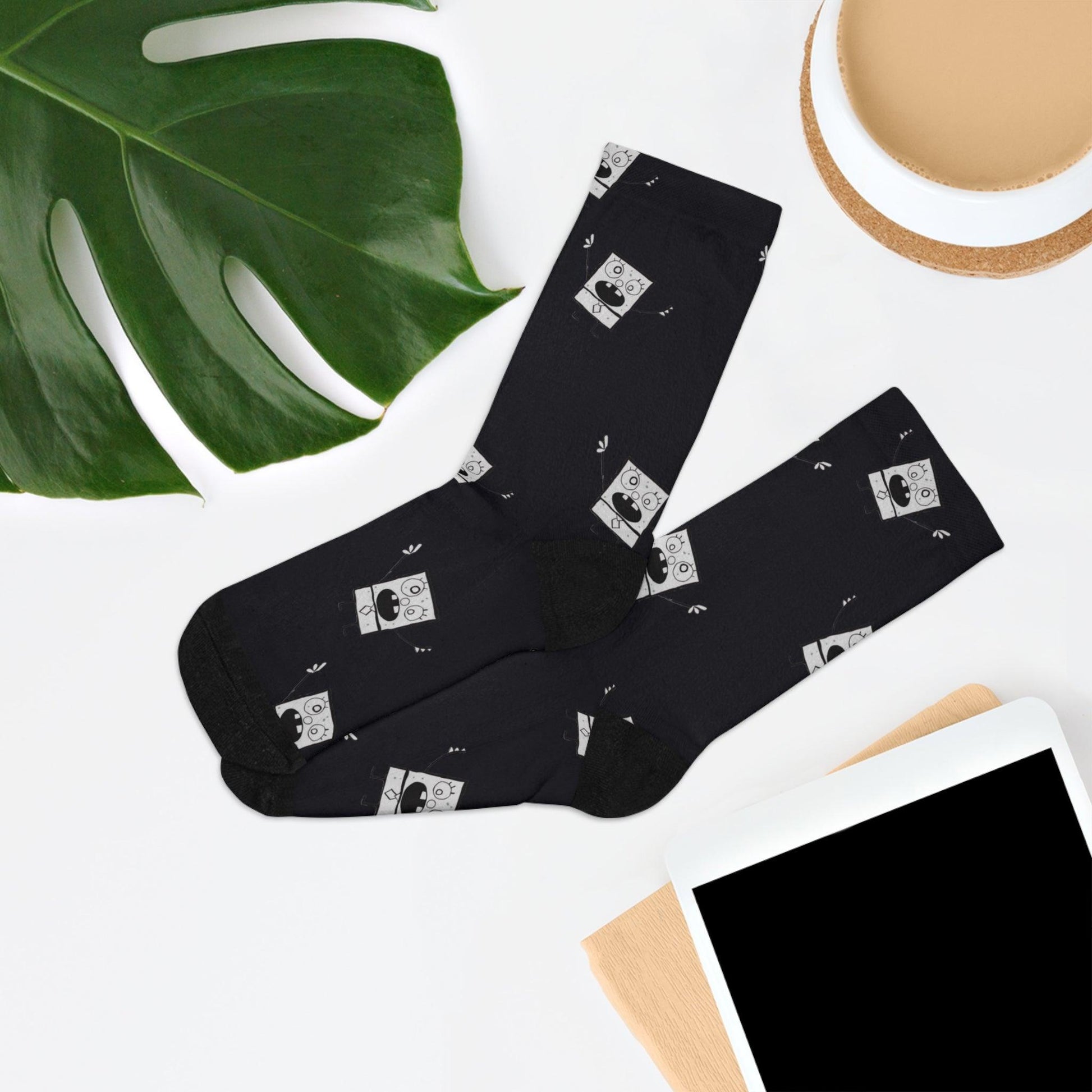 eco-friendly crew socks - black & white doodle pattern - JellyfishParty