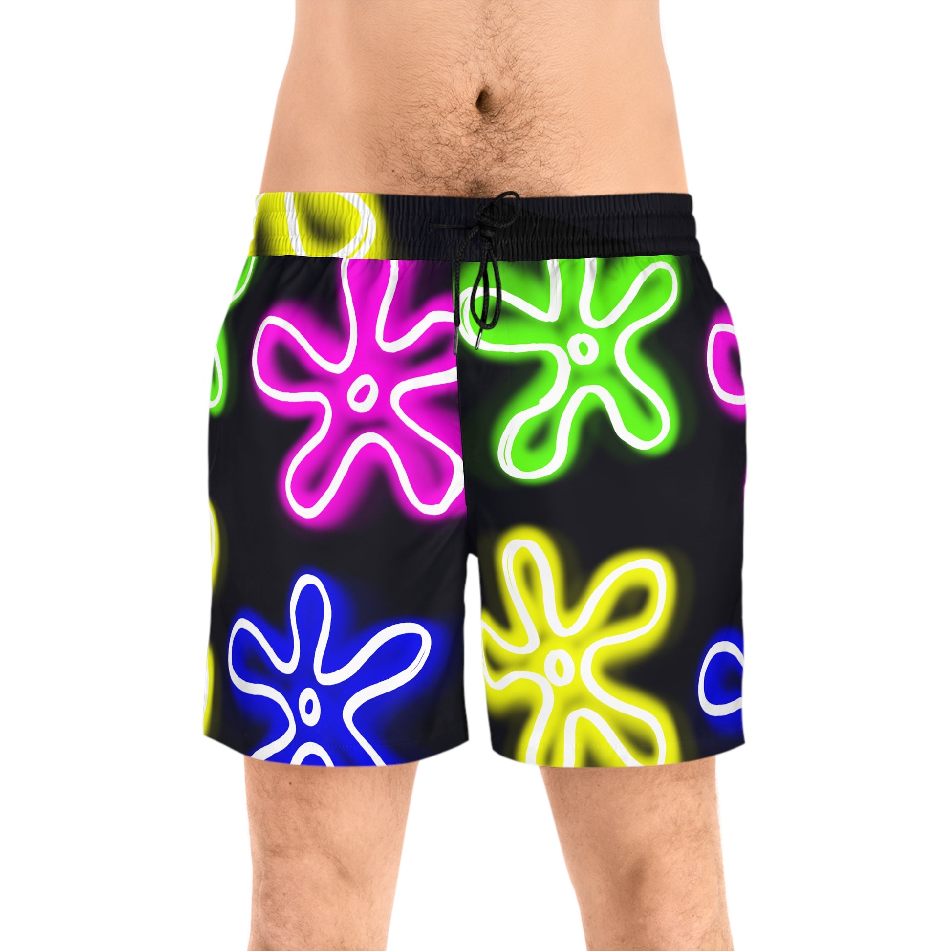 front view of white male wearing black swimming trunks that feature a neon flower clouds pattern designed by jellyfishparty