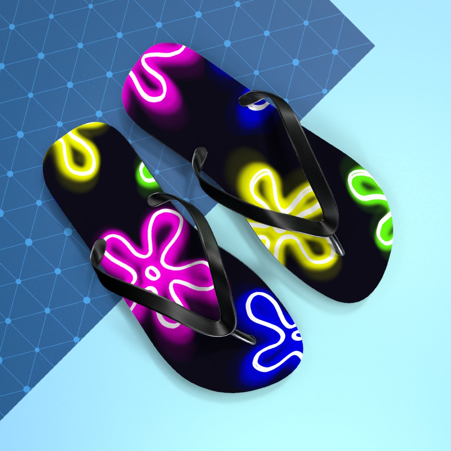 neon flower clouds flip flops
