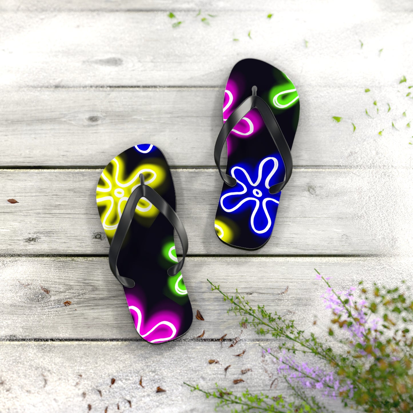 neon flower clouds flip flops