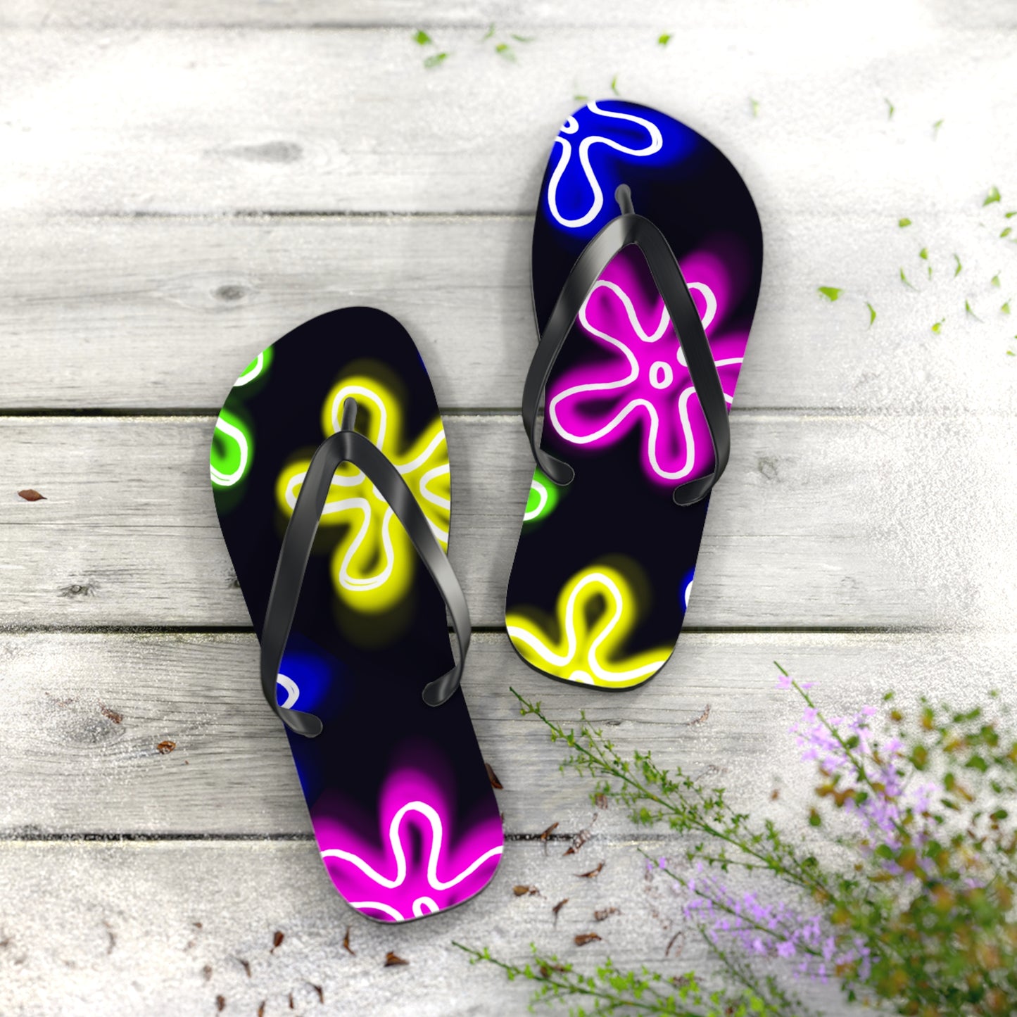 neon flower clouds flip flops