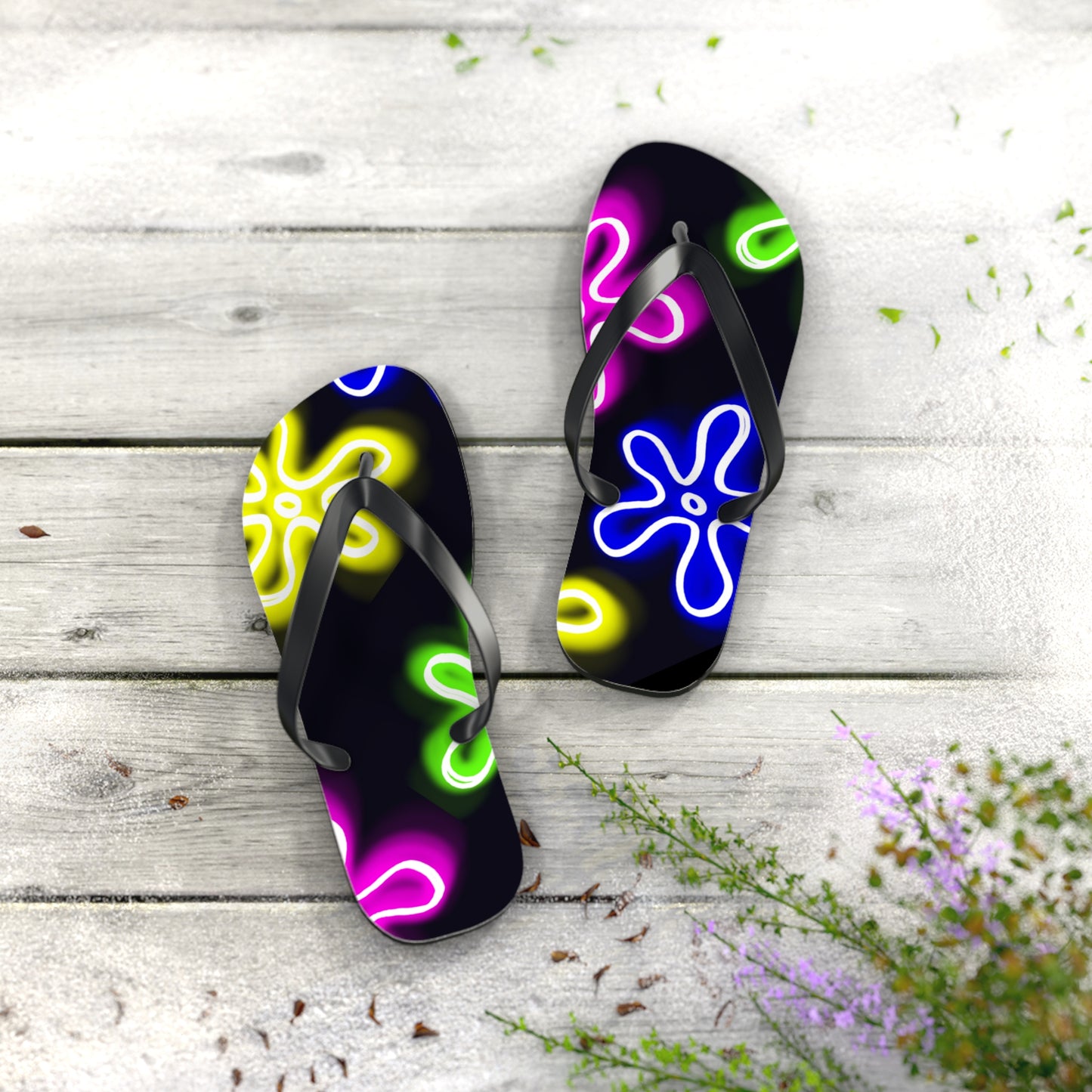 neon flower clouds flip flops