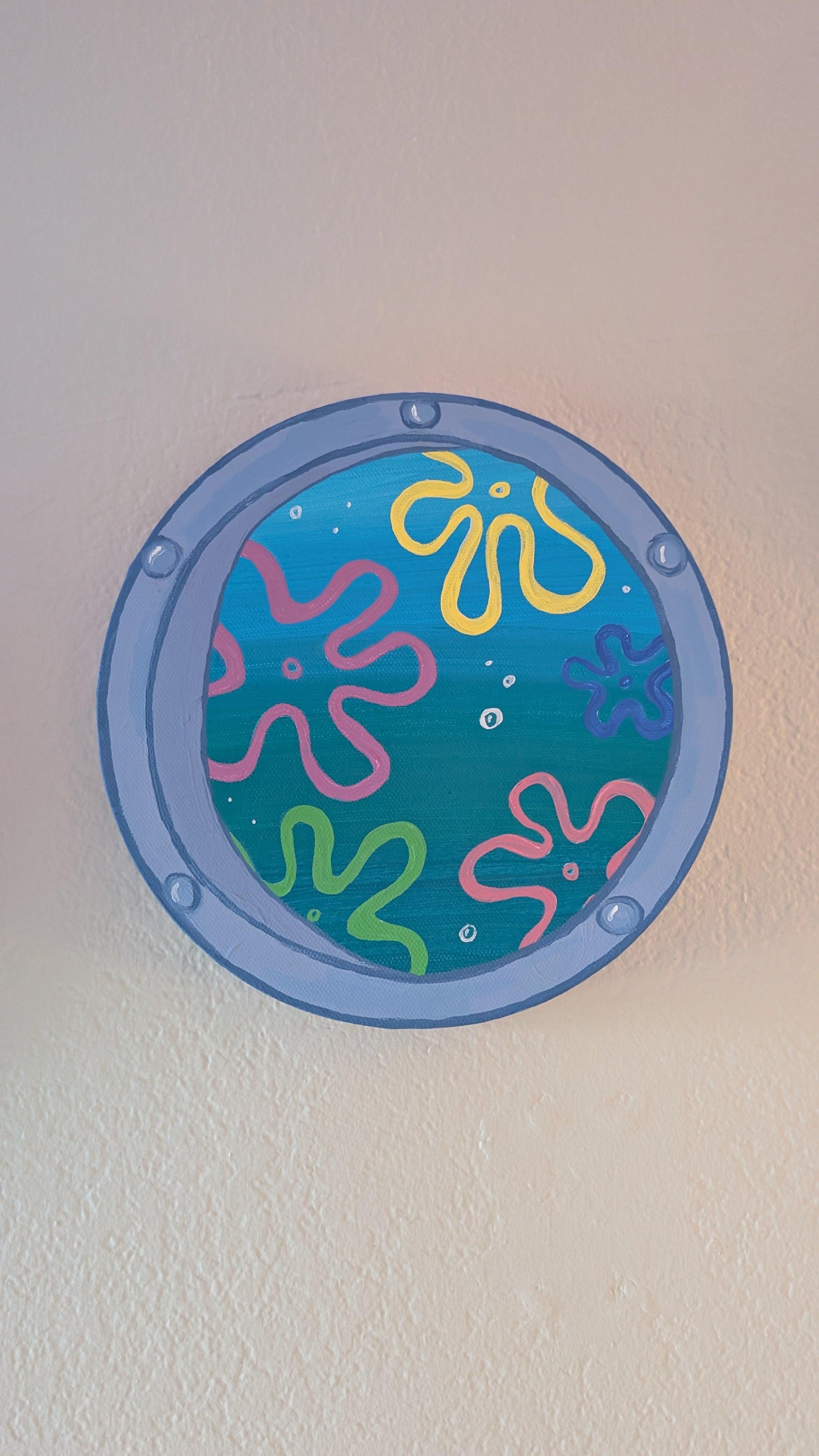 captivating window art piece with underwater ocean view - hand-painted in acrylic - JellyfishParty
