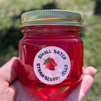 a beautiful red jar of strawberry jam made in small batches by JellyfishParty. the jar is glowing as the sunlight shines through it in a hand holding it up in front of a green grass farmers market background.