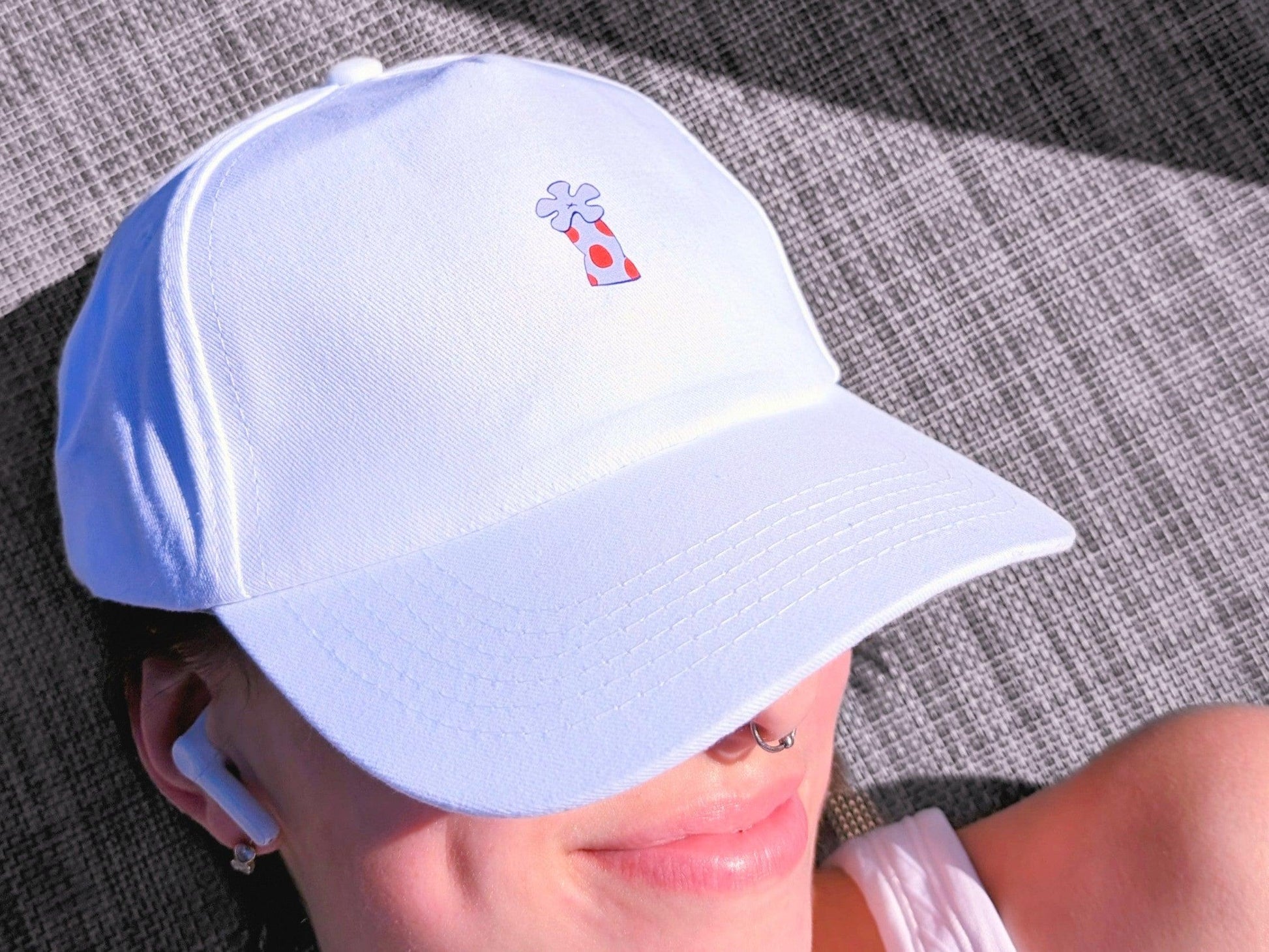 white ball cap with coral flower accent - JellyfishParty
