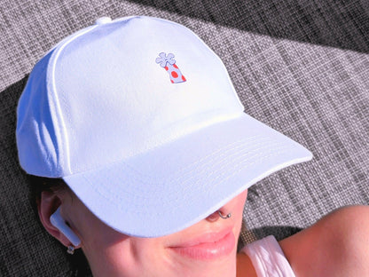 white ball cap with coral flower accent - JellyfishParty