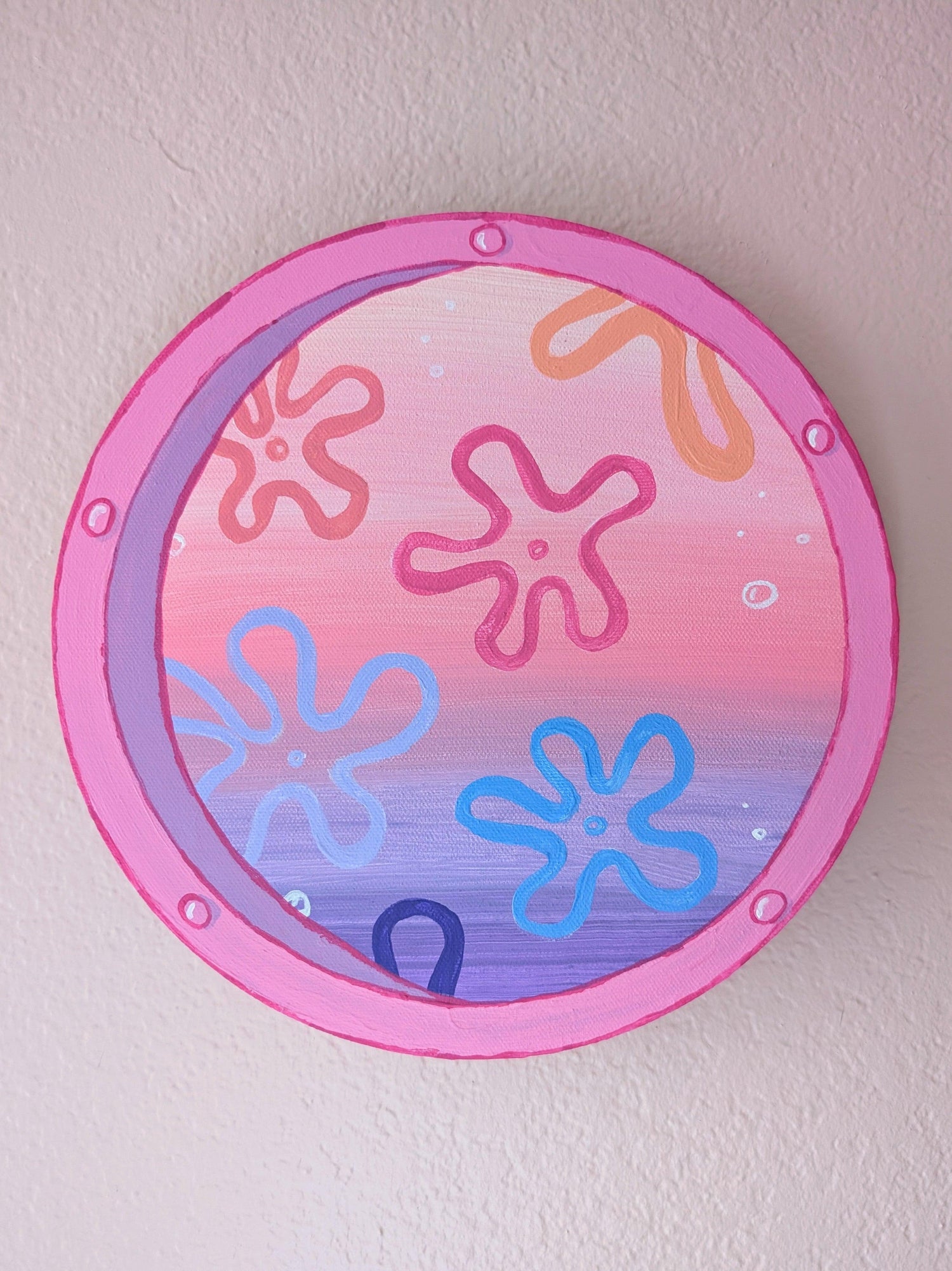 captivating window art piece with underwater ocean view - hand-painted in acrylic - JellyfishParty