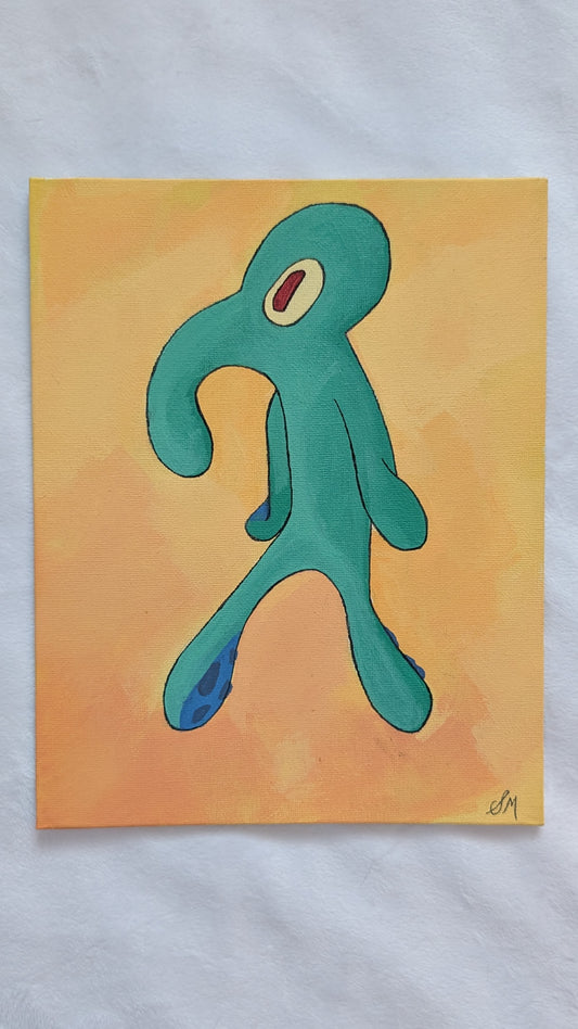 yellow and green squid painting in acrylic with abstract pop art style