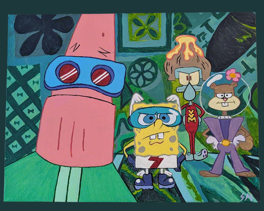 superhero painting in acrylic of the international justice league of superior acquaintances. ready to fight crime through the power of friendship.