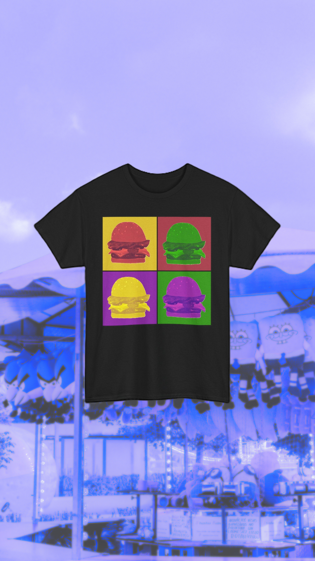 black shirt with square burger pop art design