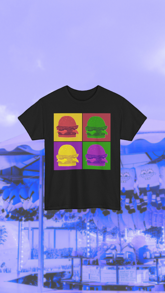 black shirt with square burger pop art design