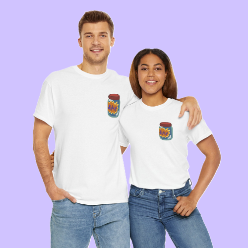 a couple wearing white jellyfishparty jelly jar t-shirts with blue jeans and in front of a light purple background