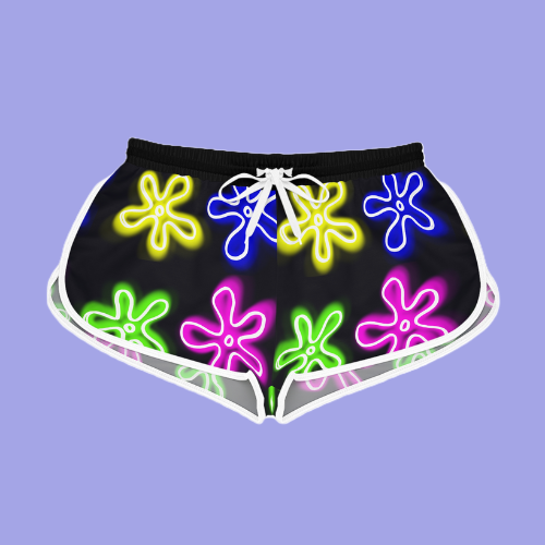 white drawstring shorts with black and neon flower pattern