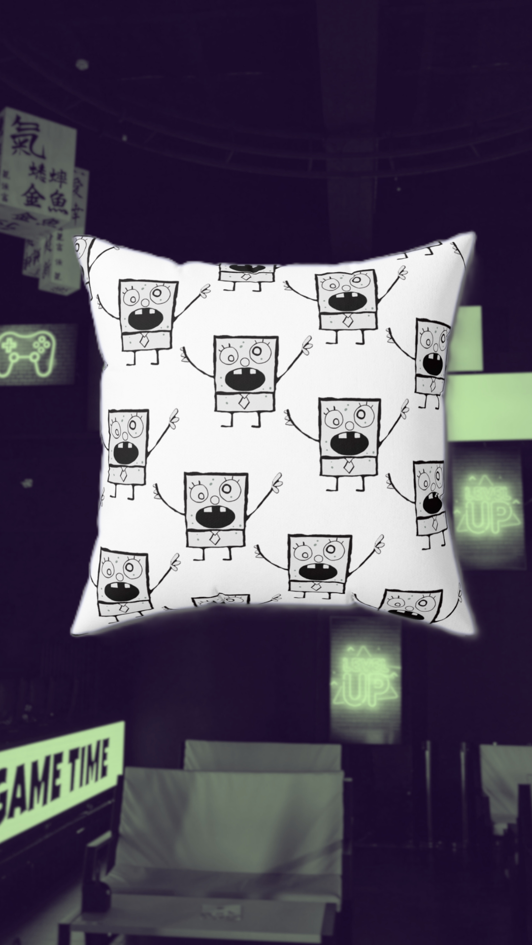black and white throw pillow with quilted doodle bob pattern