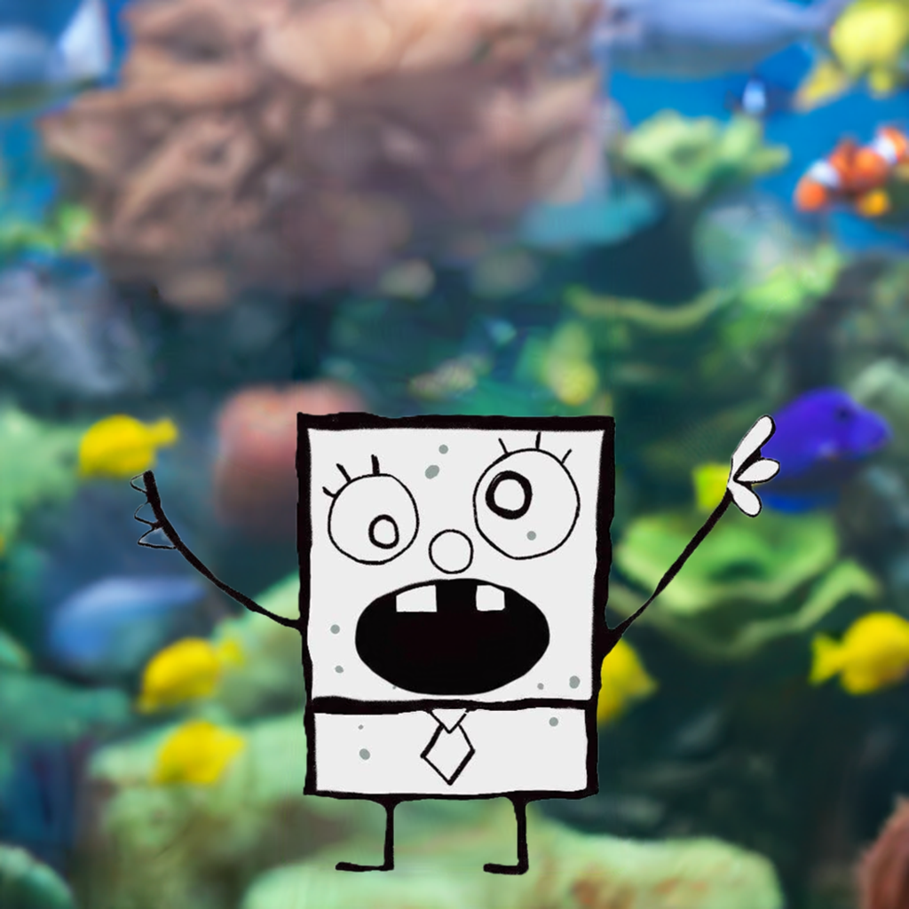 white doodle sticker underwater in front of some fish and coral