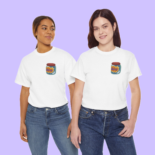 two girls in white tucked in t-shirts with a jelly jar logo on the pocket space. they are also wearing blue jeans and are standing in front of a lavender background