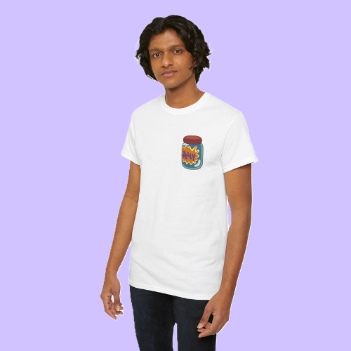 guy in white t-shirt with jelly jar logo on pocket