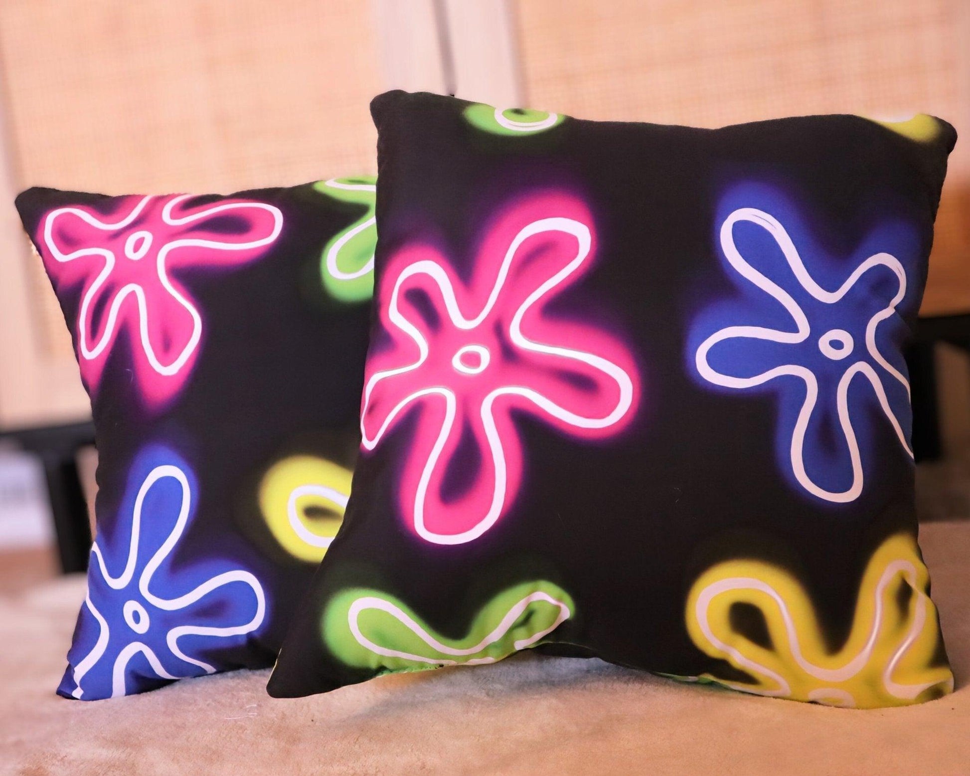 pillow with neon abstract flower pattern - JellyfishParty