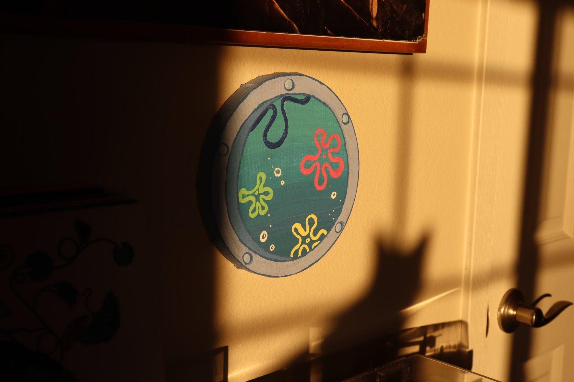 captivating window art piece with underwater ocean view - hand-painted in acrylic - JellyfishParty