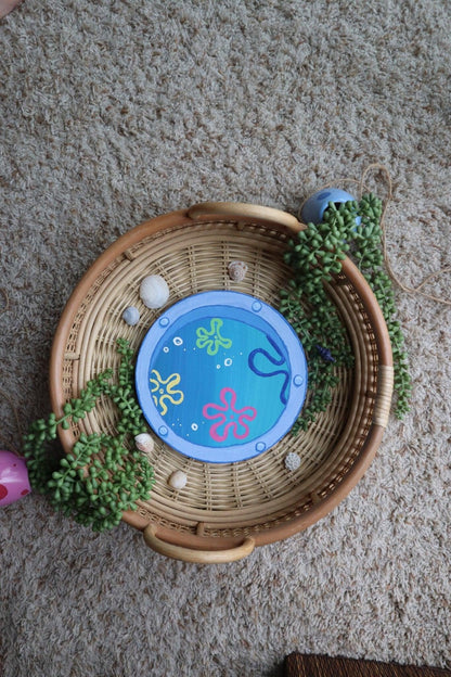 captivating window art piece with underwater ocean view - hand-painted in acrylic - JellyfishParty
