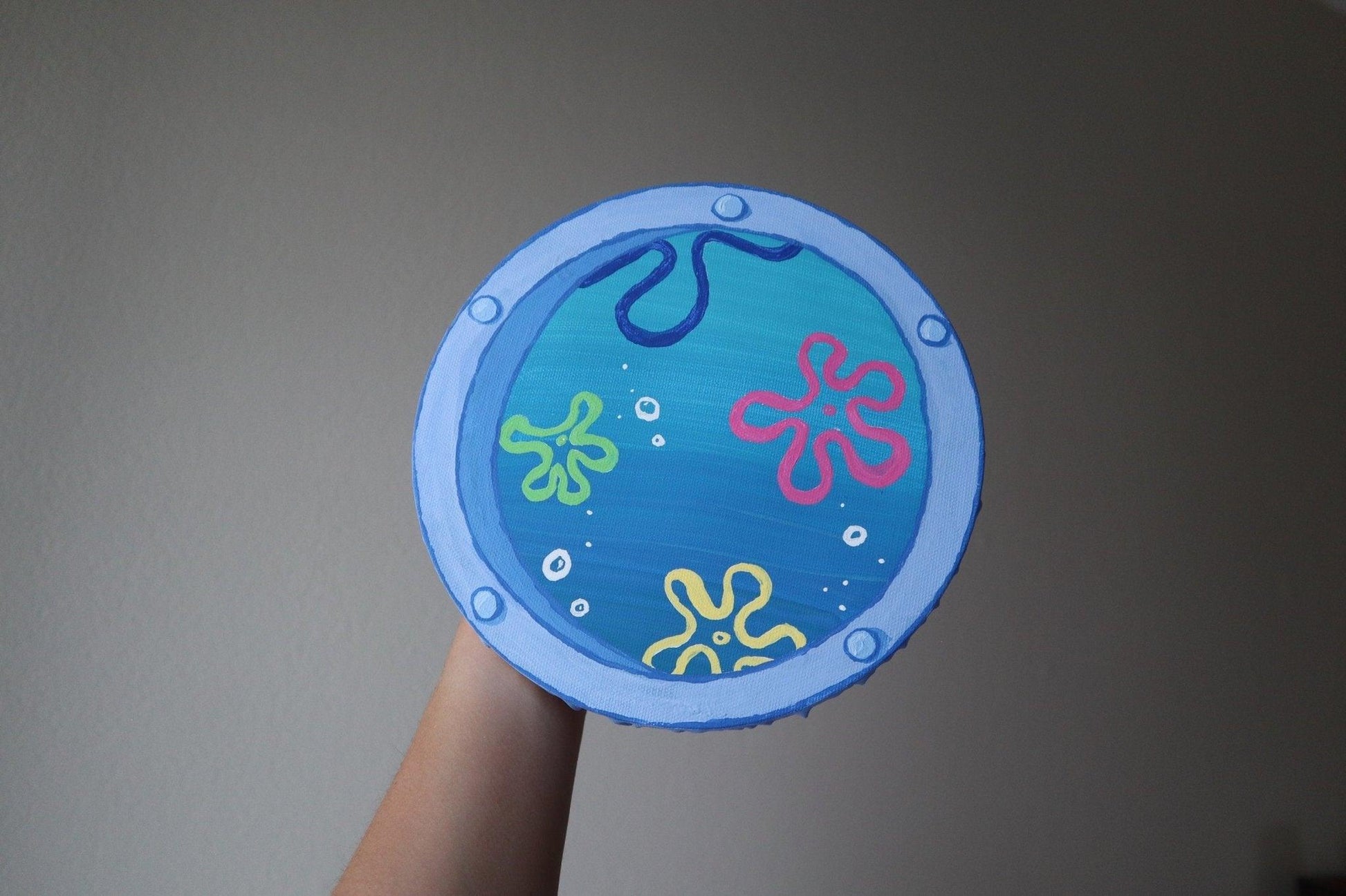 captivating window art piece with underwater ocean view - hand-painted in acrylic - JellyfishParty
