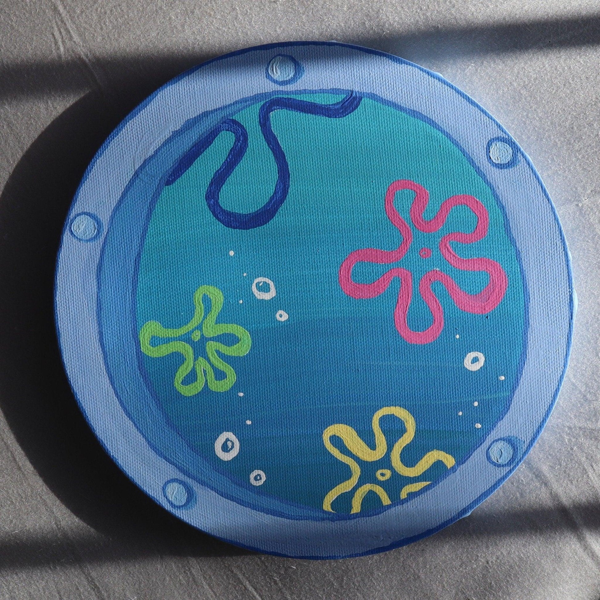 captivating window art piece with underwater ocean view - hand-painted in acrylic - JellyfishParty