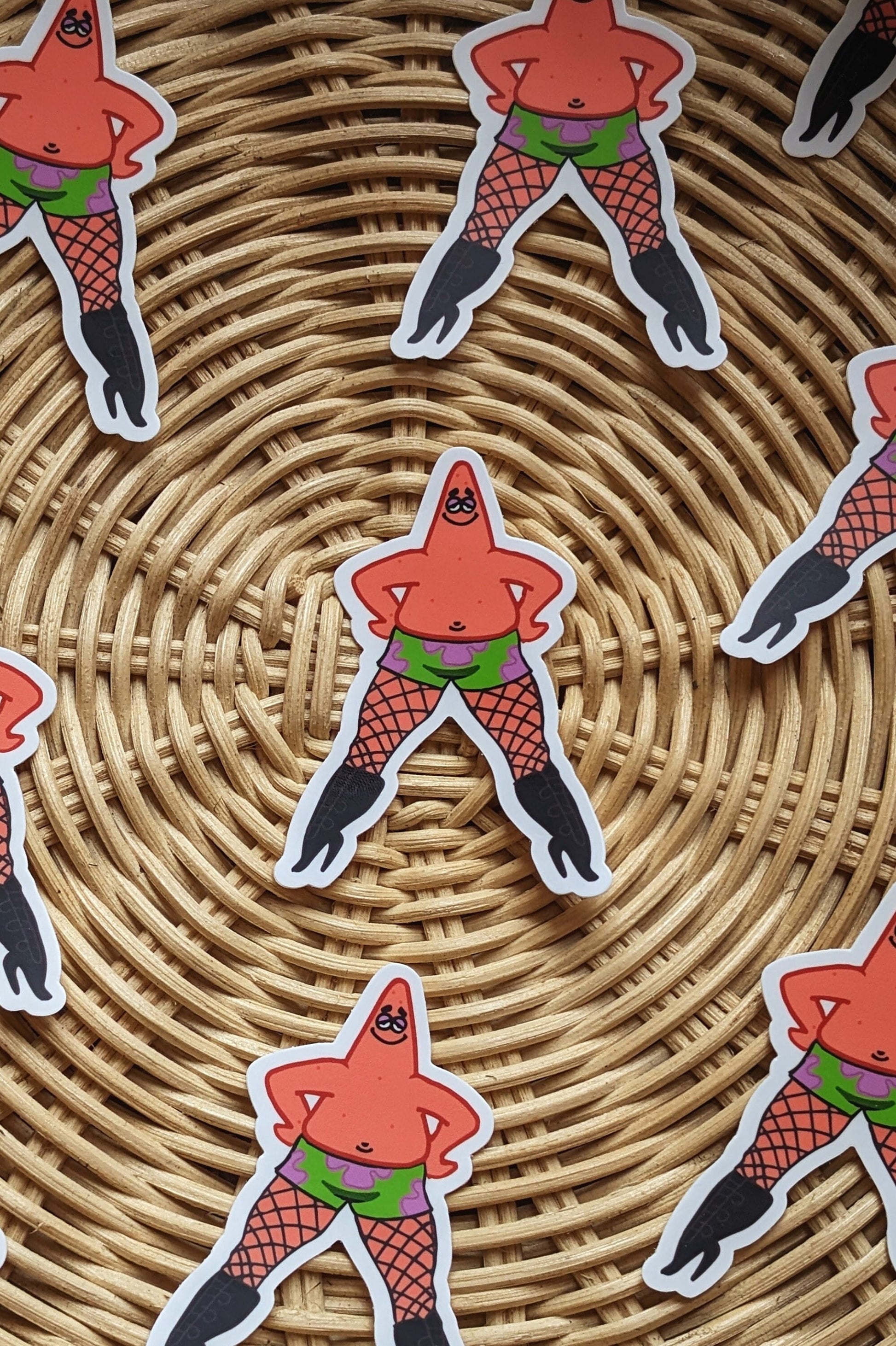 pink starfish in heels stickers on wicker basket