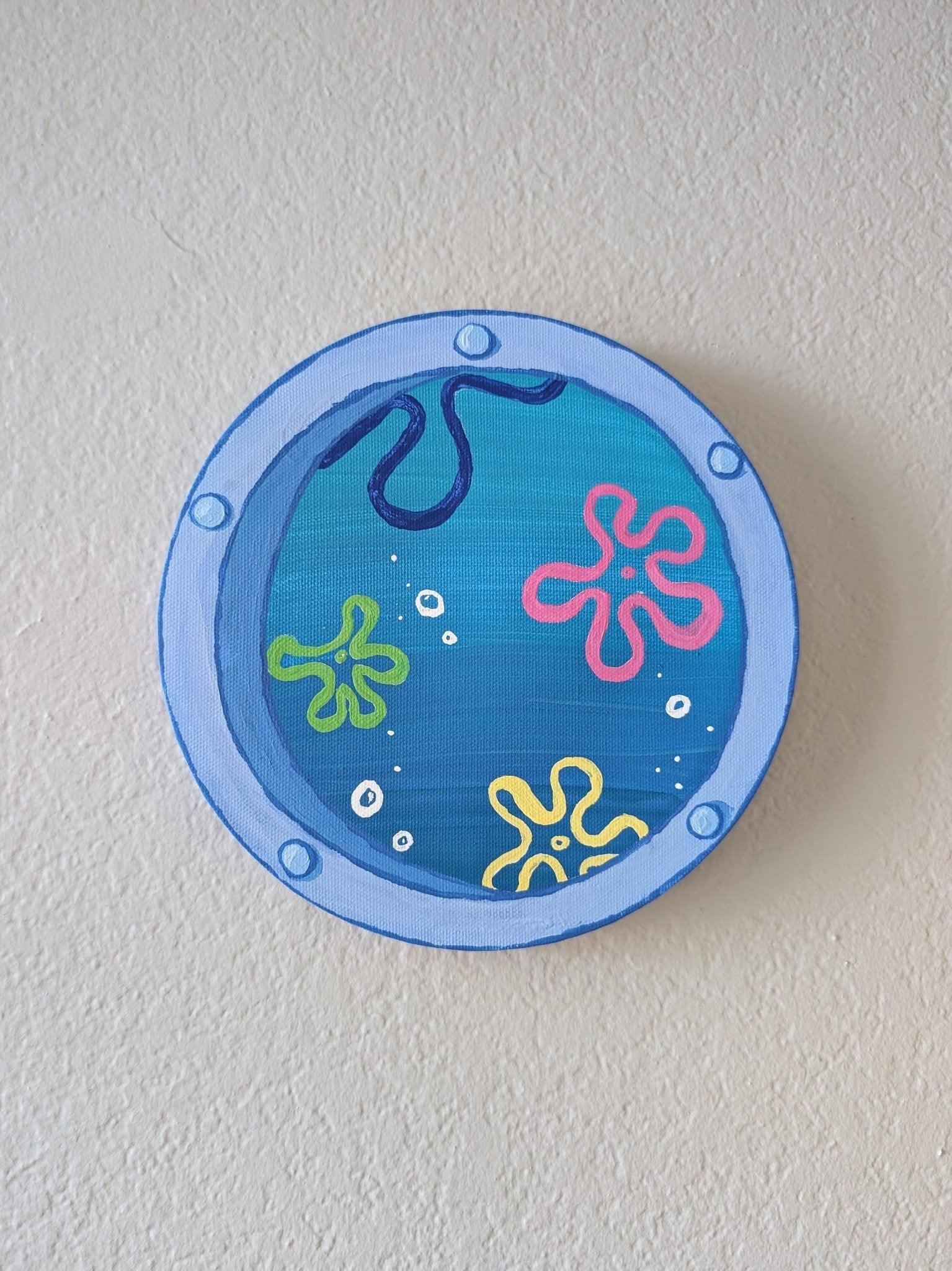 captivating window art piece with underwater ocean view - hand-painted in acrylic - JellyfishParty