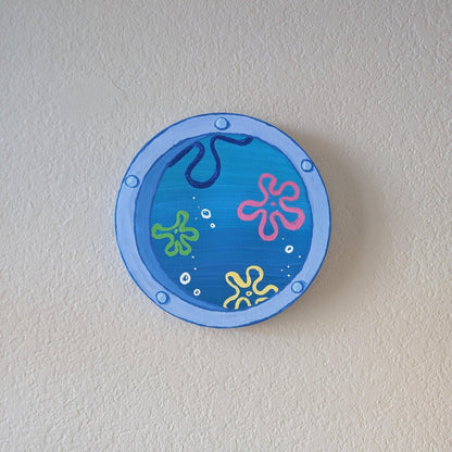 captivating window art piece with underwater ocean view - hand-painted in acrylic - JellyfishParty