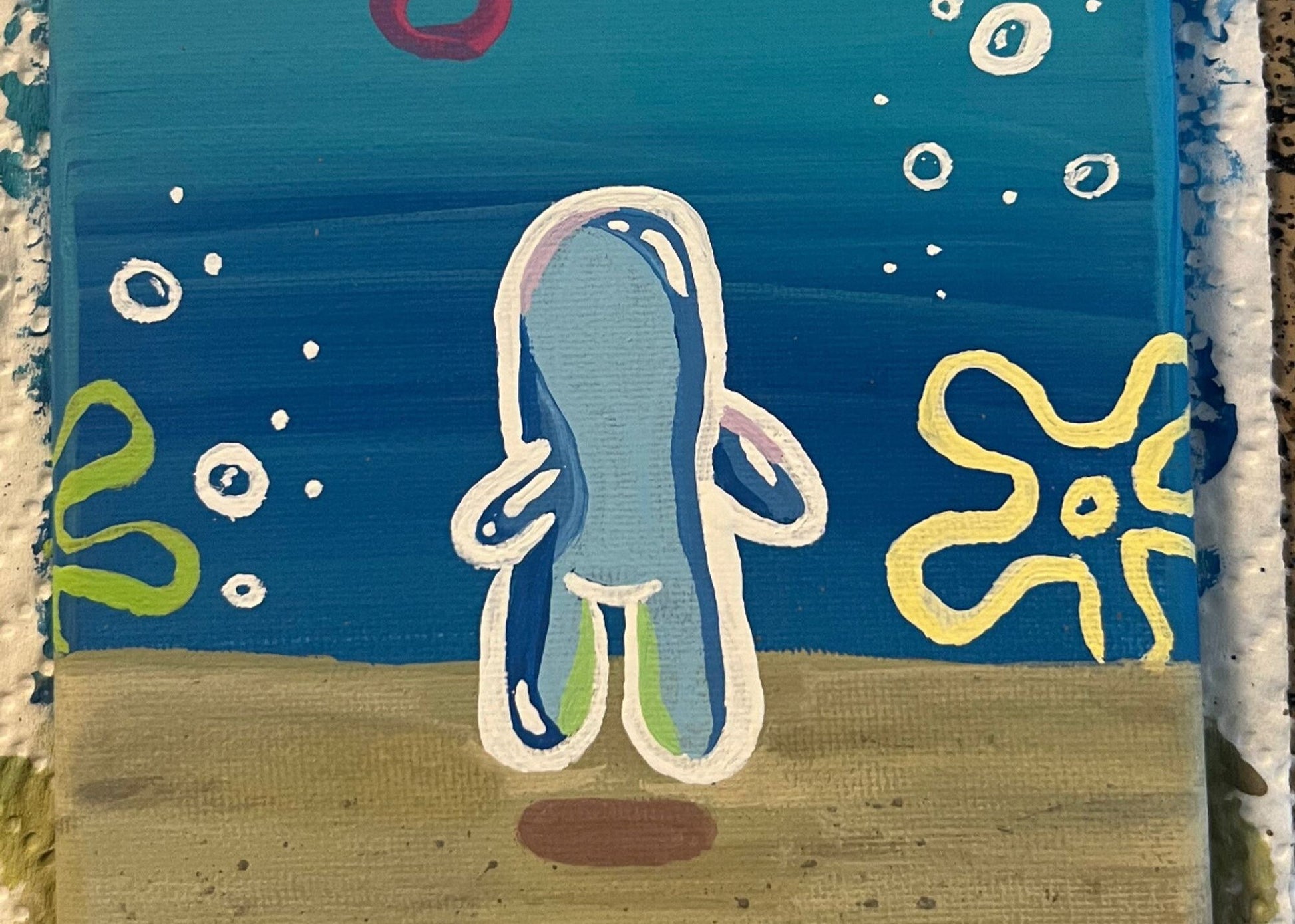 colorful painting of a bubble shaped person floating underwater with flower clouds and tiny bubbles in the background